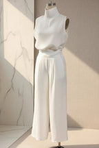 Women's Linen-Style Two-Piece Set – V-Neck Top & Wide-Leg Pants