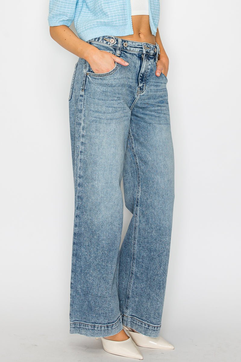 Adjustable Waistband High Rise Baggy Wide Jeans - Che Cose Belle