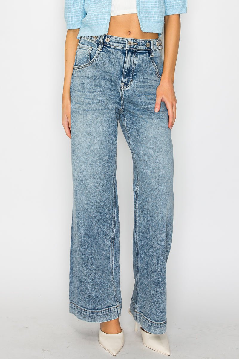Adjustable Waistband High Rise Baggy Wide Jeans - Che Cose Belle