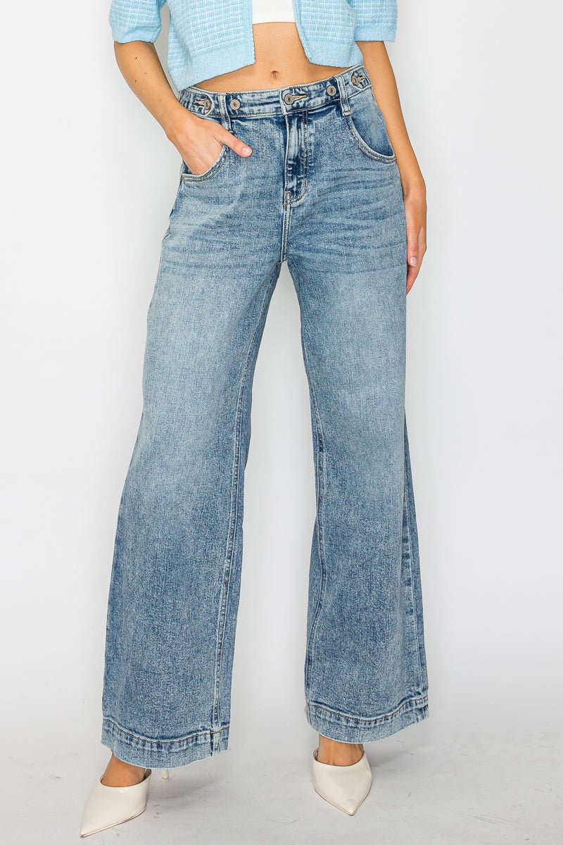 Adjustable Waistband High Rise Baggy Wide Jeans - Che Cose Belle
