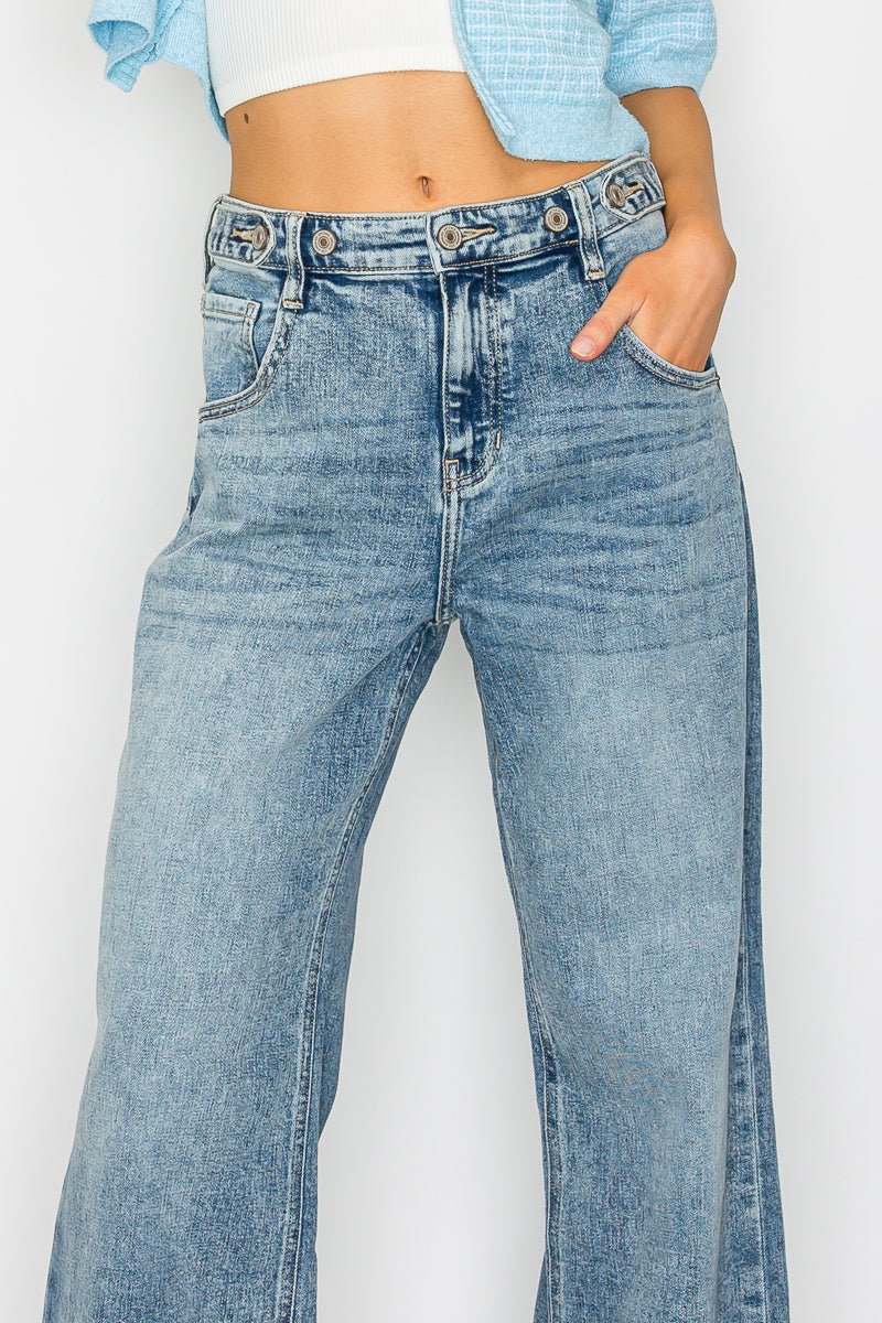 Adjustable Waistband High Rise Baggy Wide Jeans - Che Cose Belle