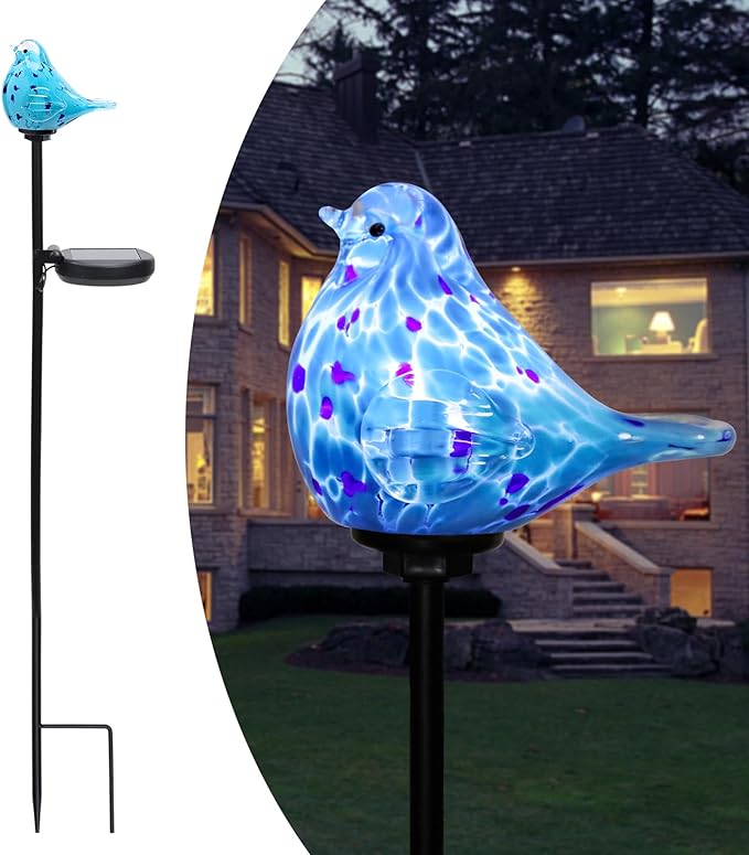 Afirst Decorative Solar Lights Outdoor Solar Bluebird Stake Lights Hand Blown Glass Decorative Garden Pathway Lights Outdoor Waterproof Glass Stakes - Che Cose Belle