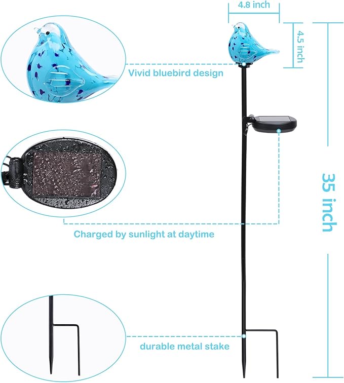 Afirst Decorative Solar Lights Outdoor Solar Bluebird Stake Lights Hand Blown Glass Decorative Garden Pathway Lights Outdoor Waterproof Glass Stakes - Che Cose Belle