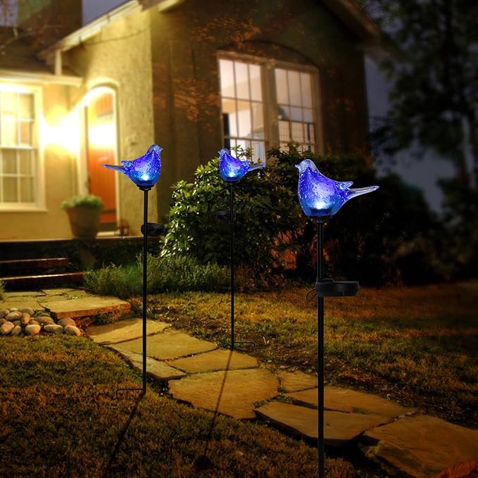 Afirst Solar Bluebird Garden Stake Lights - Hand Blown Glass Decorative Garden Pathway Lights Outdoor Waterproof Bird Glass Stakes - Che Cose Belle
