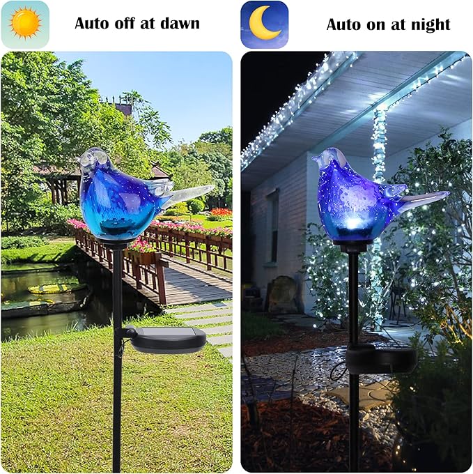 Afirst Solar Bluebird Garden Stake Lights - Hand Blown Glass Decorative Garden Pathway Lights Outdoor Waterproof Bird Glass Stakes - Che Cose Belle