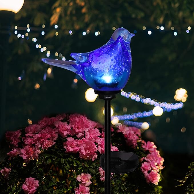 Afirst Solar Bluebird Garden Stake Lights - Hand Blown Glass Decorative Garden Pathway Lights Outdoor Waterproof Bird Glass Stakes - Che Cose Belle