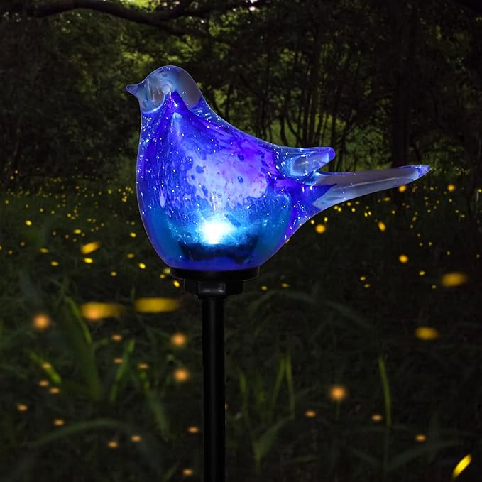 Afirst Solar Bluebird Garden Stake Lights - Hand Blown Glass Decorative Garden Pathway Lights Outdoor Waterproof Bird Glass Stakes - Che Cose Belle
