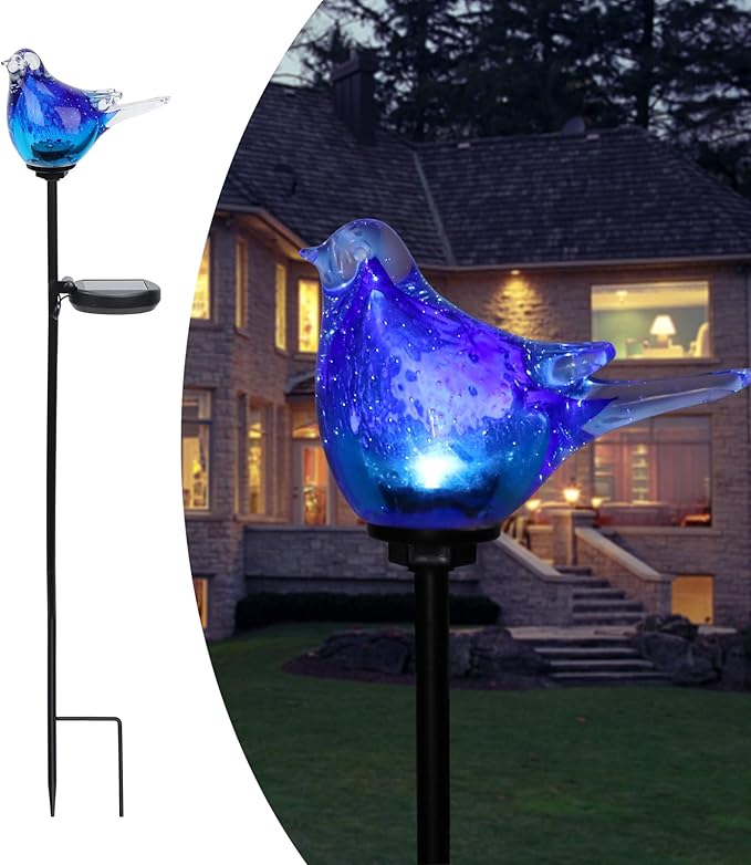 Afirst Solar Bluebird Garden Stake Lights - Hand Blown Glass Decorative Garden Pathway Lights Outdoor Waterproof Bird Glass Stakes - Che Cose Belle