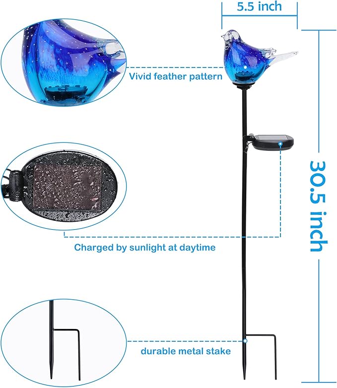 Afirst Solar Bluebird Garden Stake Lights - Hand Blown Glass Decorative Garden Pathway Lights Outdoor Waterproof Bird Glass Stakes - Che Cose Belle