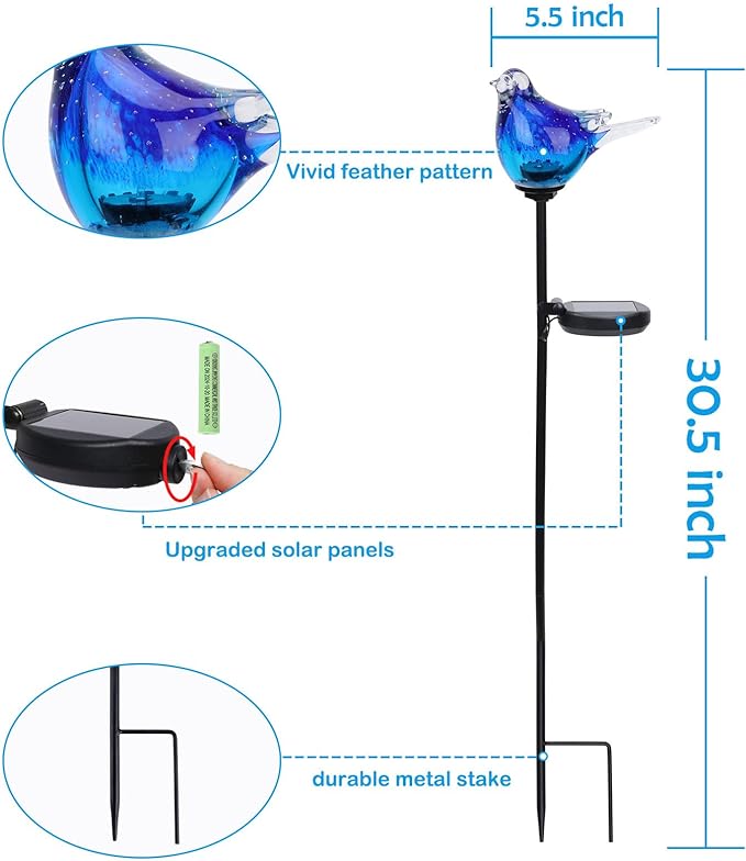 Afirst Solar Bluebird Garden Stake Lights - Hand Blown Glass Decorative Garden Pathway Lights Outdoor Waterproof Bird Glass Stakes - Che Cose Belle