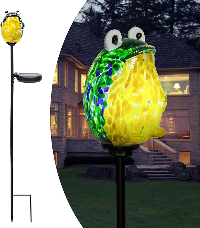 Afirst Solar Frog Garden Stake Lights Hand Blown Glass Decorative Garden Pathway Lights Outdoor Waterproof Animal Glass Stakes - Che Cose Belle