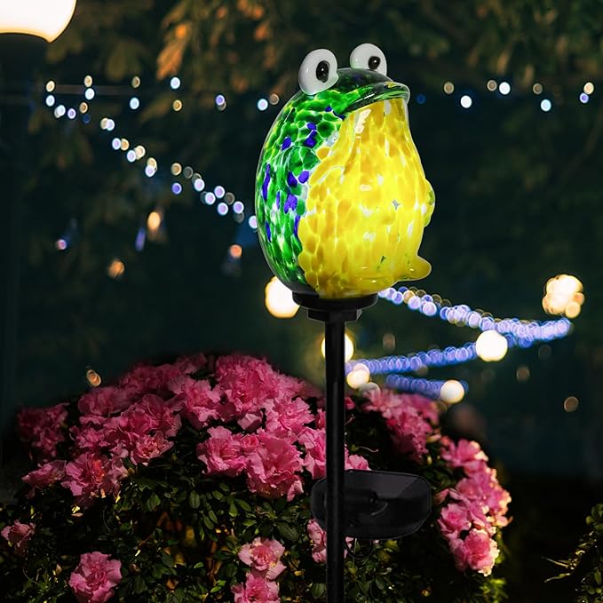 Afirst Solar Frog Garden Stake Lights Hand Blown Glass Decorative Garden Pathway Lights Outdoor Waterproof Animal Glass Stakes - Che Cose Belle