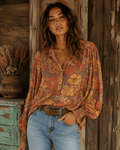 All The Leaves Are Brown Retro Floral Button Up Mesh Blouse - Che Cose Belle