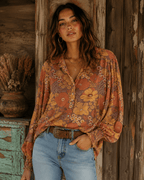 All The Leaves Are Brown Retro Floral Button Up Mesh Blouse - Che Cose Belle