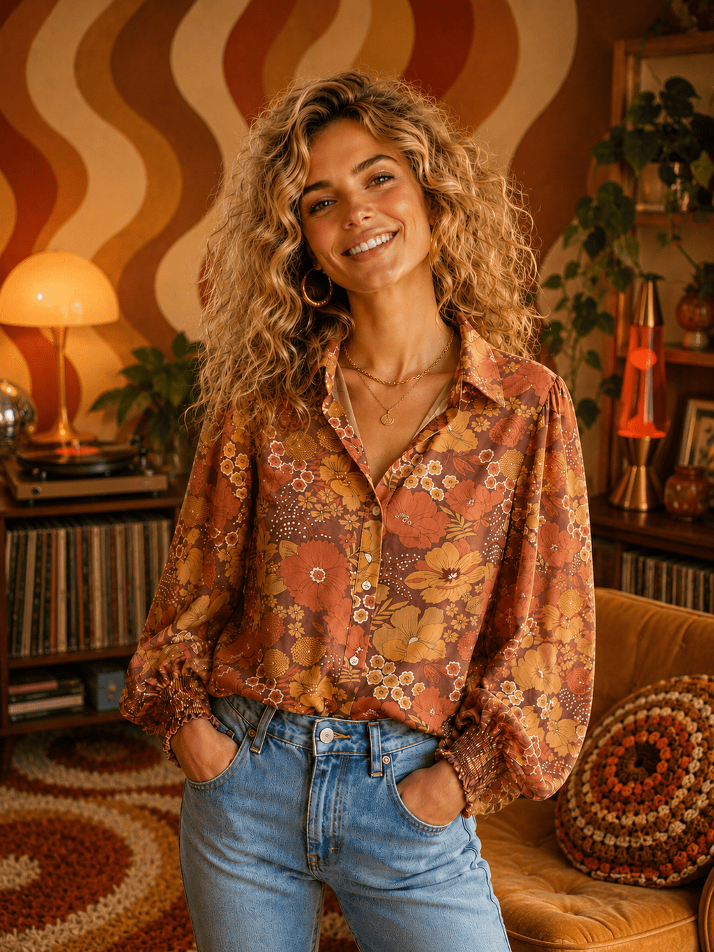 All The Leaves Are Brown Retro Floral Button Up Mesh Blouse - Che Cose Belle