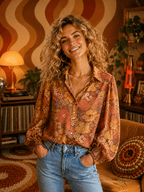 All The Leaves Are Brown Retro Floral Button Up Mesh Blouse - Che Cose Belle