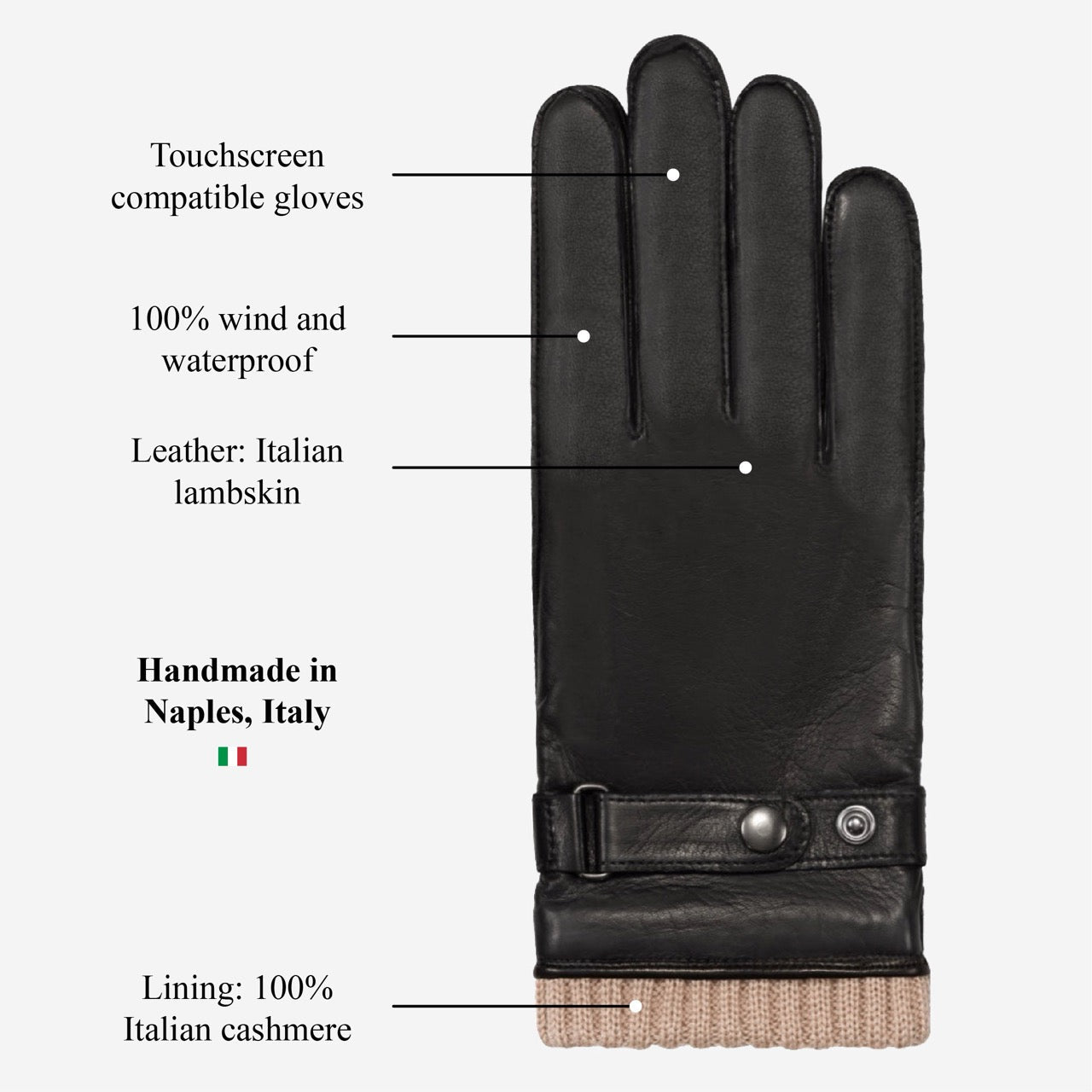 Alonzo (black) - Italian lambskin leather gloves with cashmere lining & touchscreen feature - Che Cose Belle