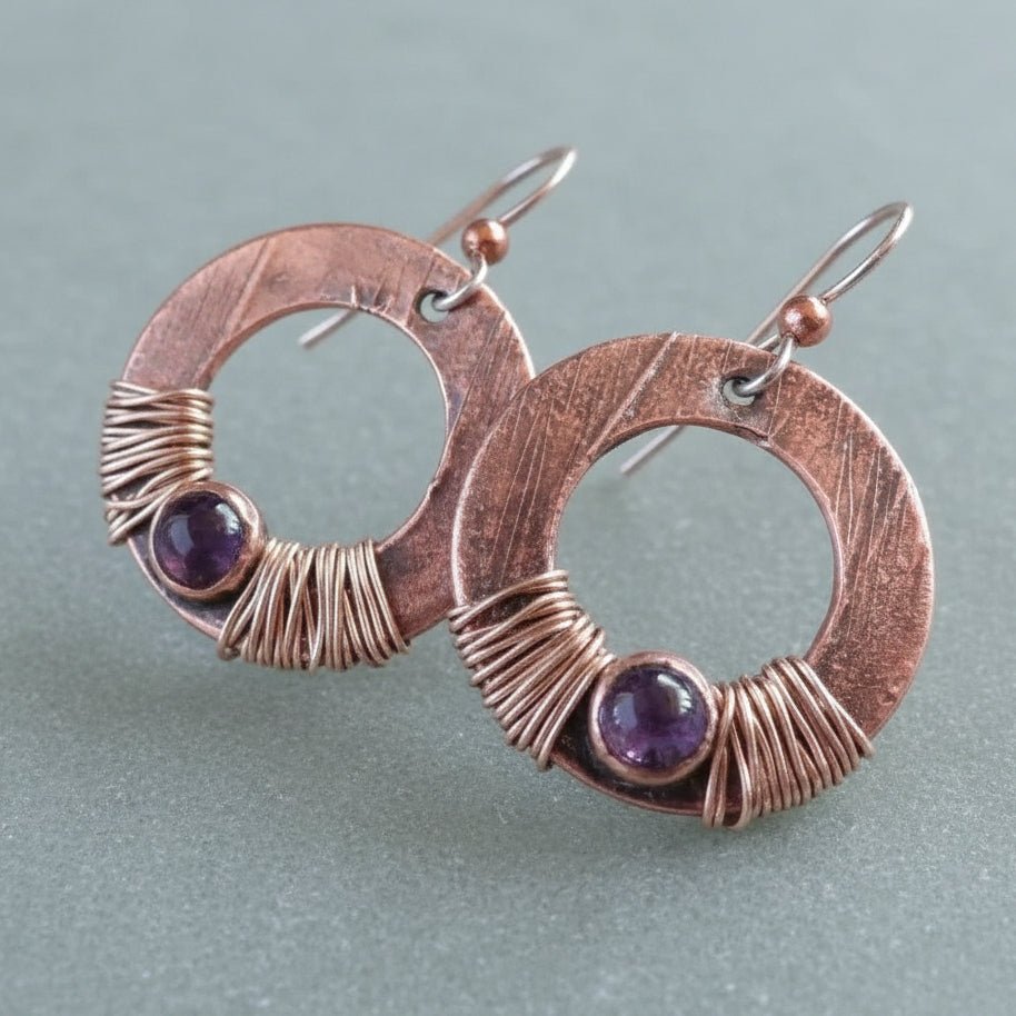 Amethyst Copper Earrings - Handcrafted Talisman for Grounding and Clarity - Che Cose Belle