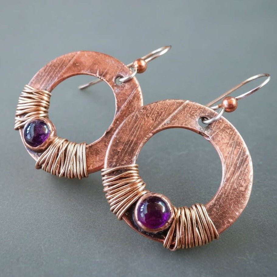 Amethyst Copper Earrings - Handcrafted Talisman for Grounding and Clarity - Che Cose Belle