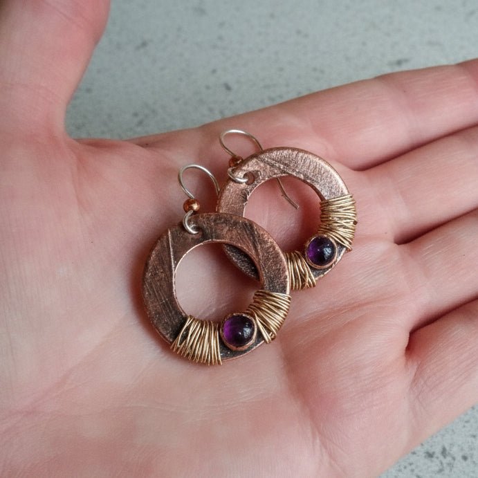 Amethyst Copper Earrings - Handcrafted Talisman for Grounding and Clarity - Che Cose Belle