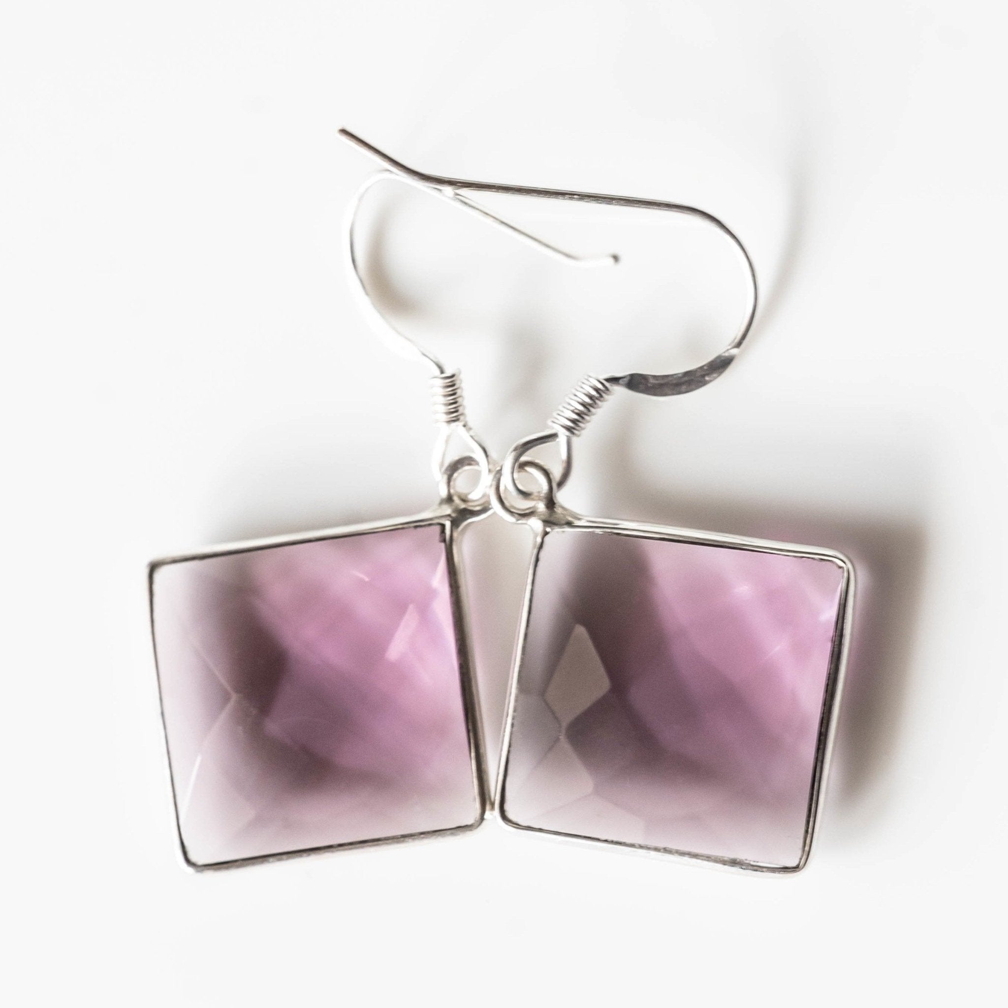 Amethyst Square Drop Earrings Silver Frame Faceted Dangle - Che Cose Belle