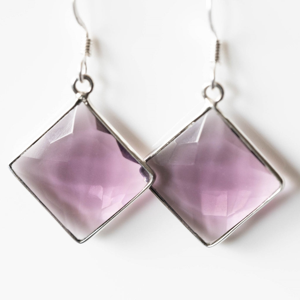 Amethyst Square Drop Earrings Silver Frame Faceted Dangle - Che Cose Belle