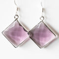 Amethyst Square Drop Earrings Silver Frame Faceted Dangle - Che Cose Belle