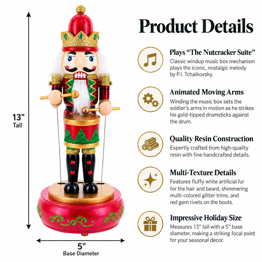 Animated Nutcracker Drummer Musical Figurine - Winter Music Box 13 Inches - Che Cose Belle