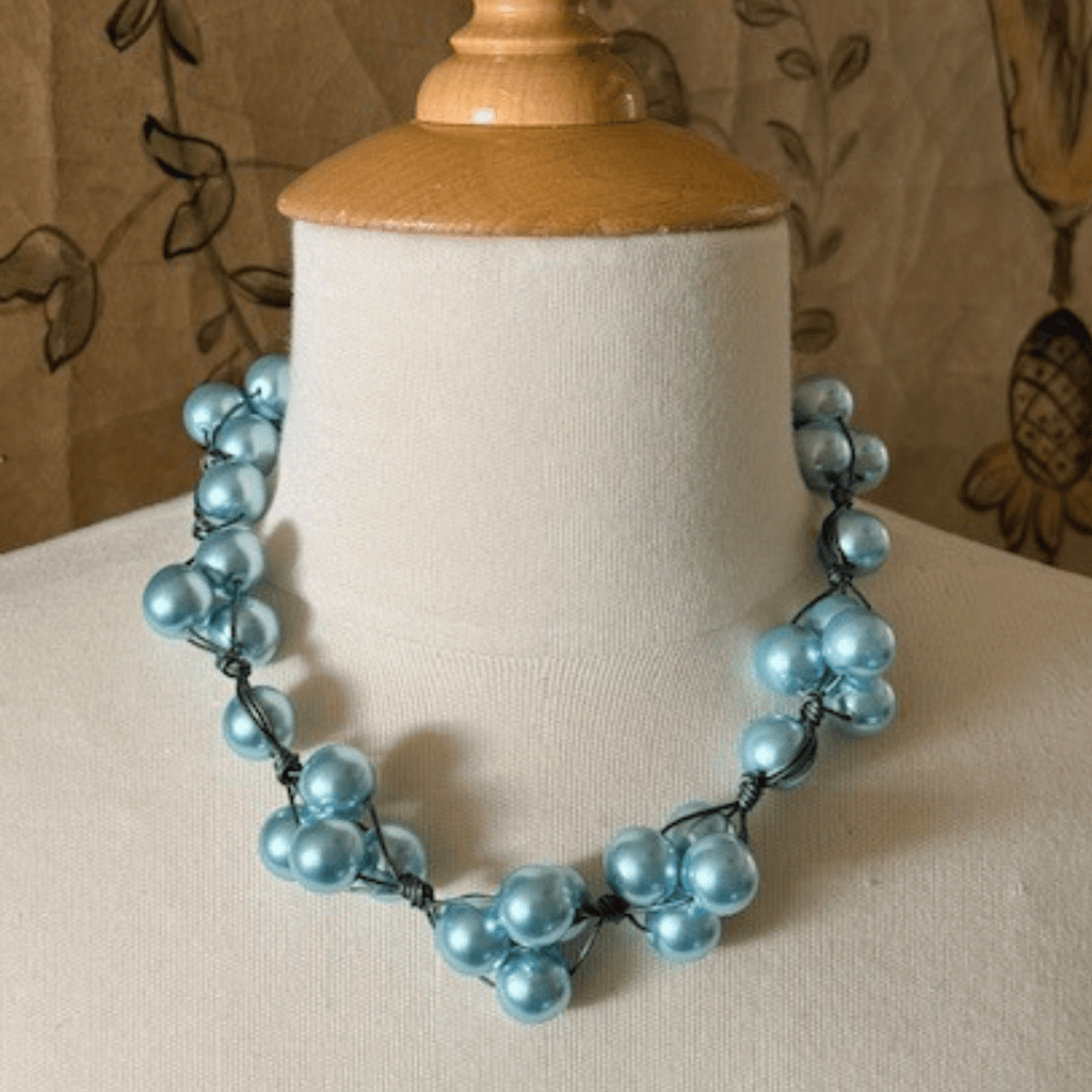 Aqua Glass Pearls and Platinum Leather Woven Necklace - Che Cose Belle