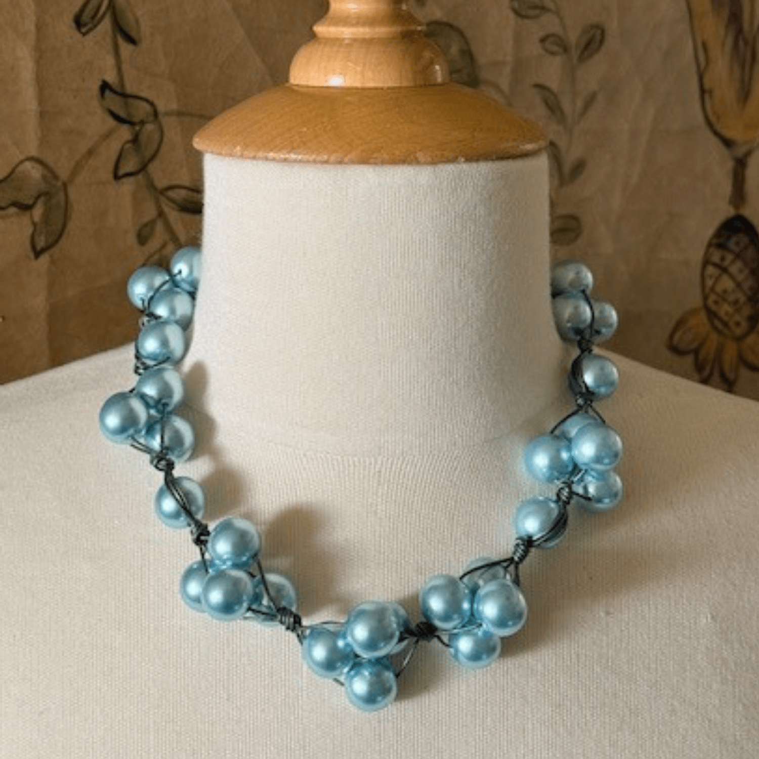 Aqua Glass Pearls and Platinum Leather Woven Necklace - Che Cose Belle