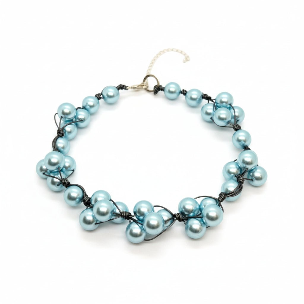 Aqua Glass Pearls and Platinum Leather Woven Necklace - Che Cose Belle