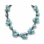 Aqua Glass Pearls and Platinum Leather Woven Necklace - Che Cose Belle