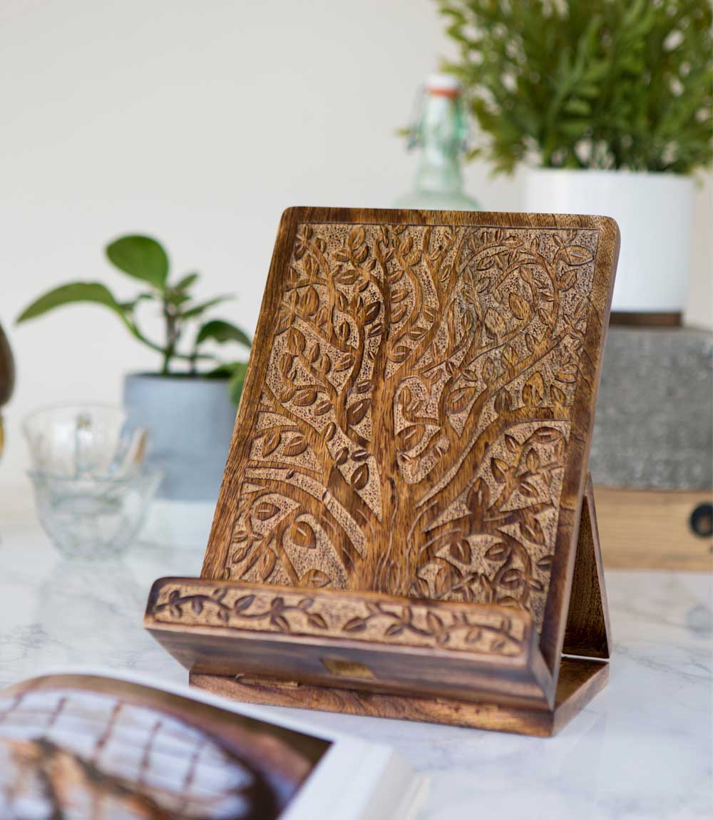 Aranyani Tree of Life Book Holder Tablet Stand - Hand Carved Wood - Che Cose Belle