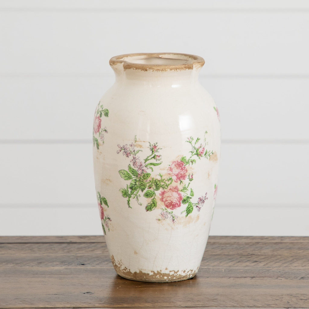 10” Floral Print Tuscan Ceramic Scroll Urn