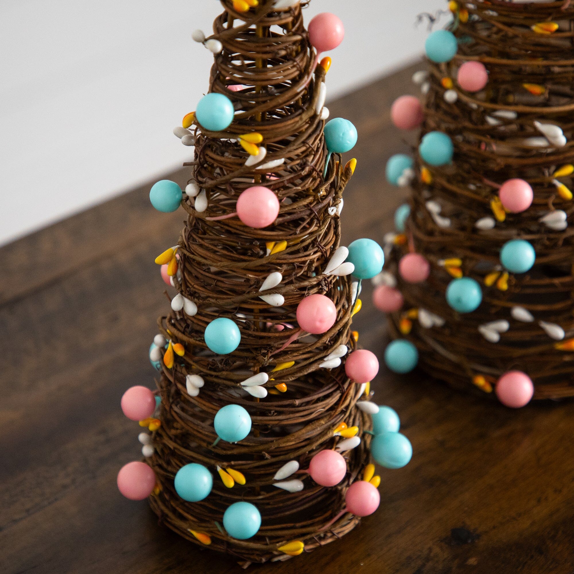 12" and 16" Artificial Easter Rattan Cone Trees with Pastel Eggs - Set of 2