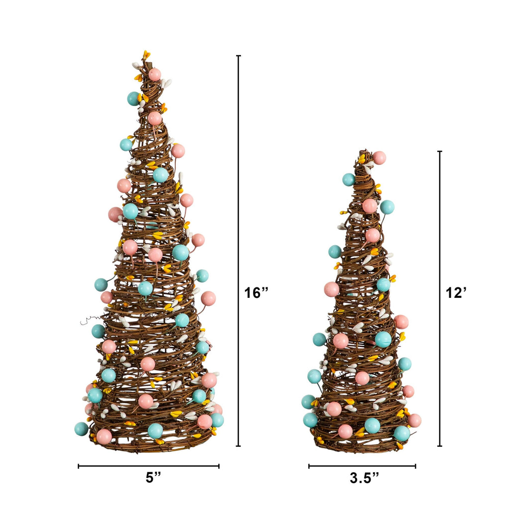 12" and 16" Artificial Easter Rattan Cone Trees with Pastel Eggs - Set of 2