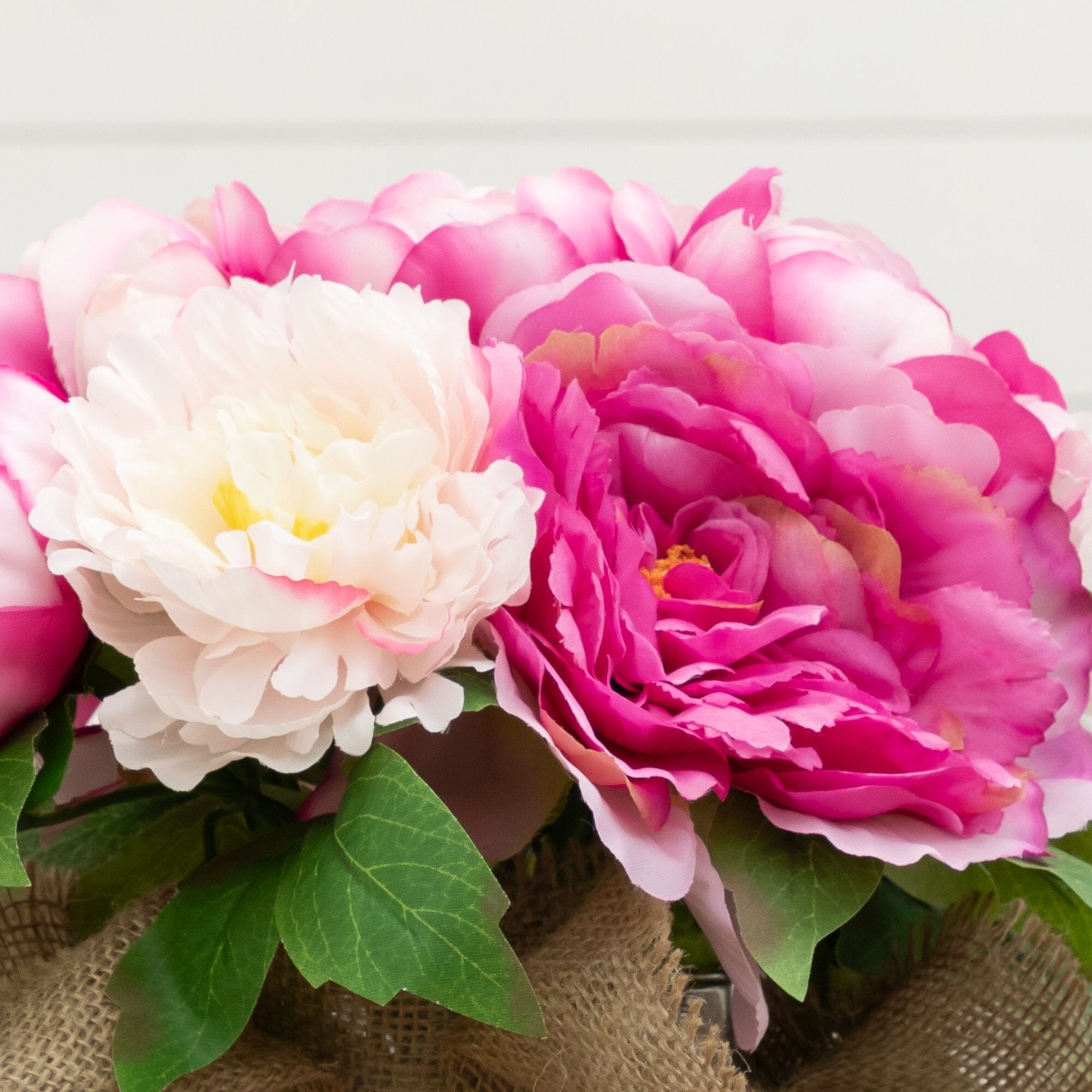 12” Artificial Peony Arrangement in Burlap Vase