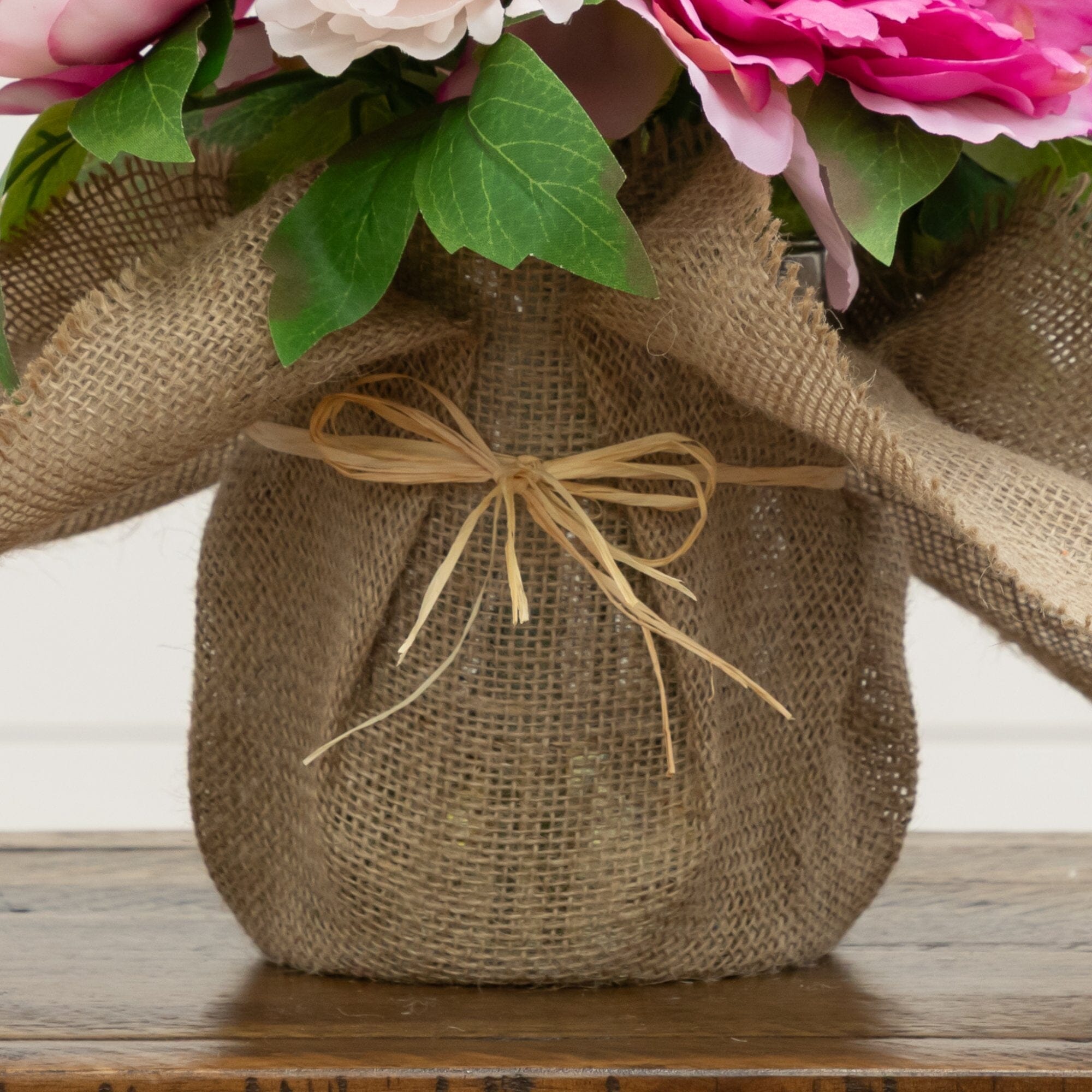 12” Artificial Peony Arrangement in Burlap Vase