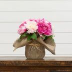 12” Artificial Peony Arrangement in Burlap Vase