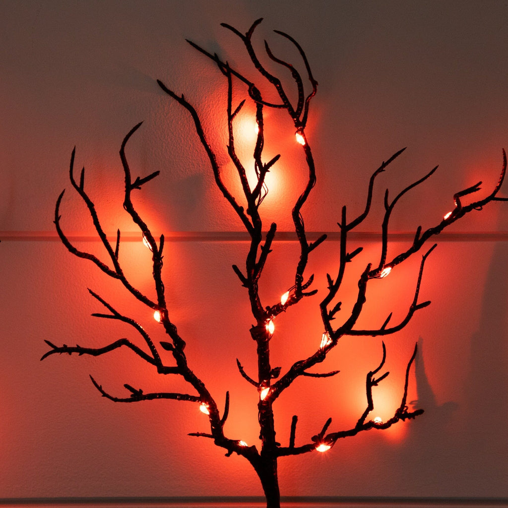 14" Pre-Lit Artificial Halloween Black Twig Branches with 45 Orange LED Lights and Integrated Ground Stake - Set of 3