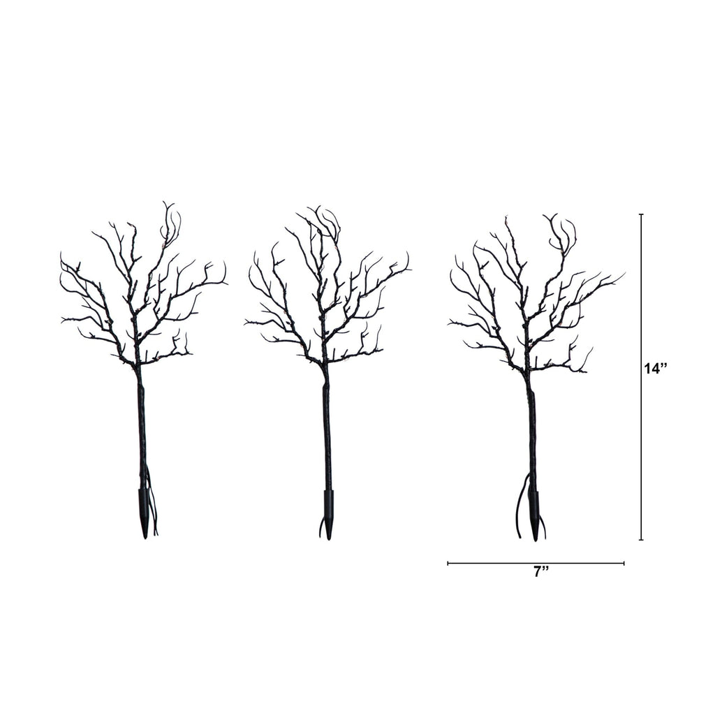 14" Pre-Lit Artificial Halloween Black Twig Branches with 45 Orange LED Lights and Integrated Ground Stake - Set of 3