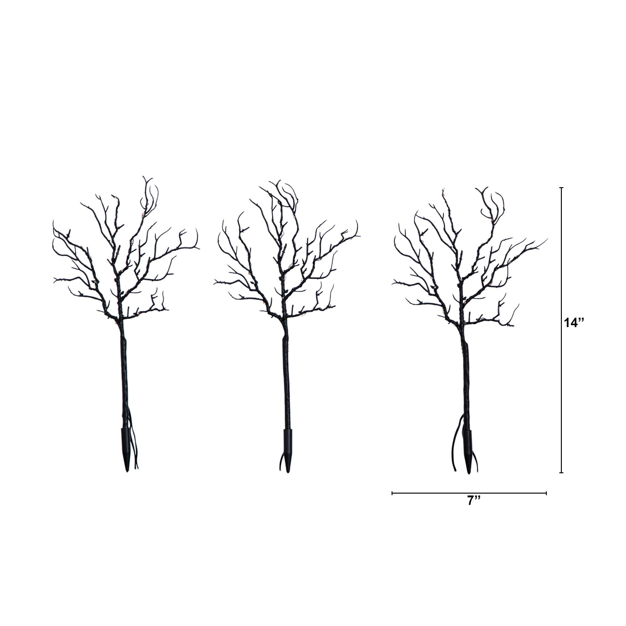 14" Pre-Lit Artificial Halloween Black Twig Branches with 45 Orange LED Lights and Integrated Ground Stake - Set of 3