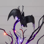 16” Pre-Lit Artificial Halloween Black Spooky Twig Tree with Bats and 20 Orange & Purple LED Lights