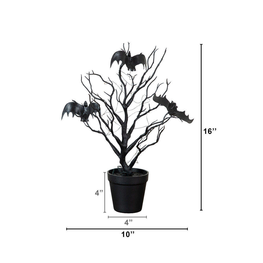 16” Pre-Lit Artificial Halloween Black Spooky Twig Tree with Bats and 20 Orange & Purple LED Lights