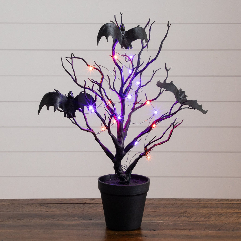 16” Pre-Lit Artificial Halloween Black Spooky Twig Tree with Bats and 20 Orange & Purple LED Lights