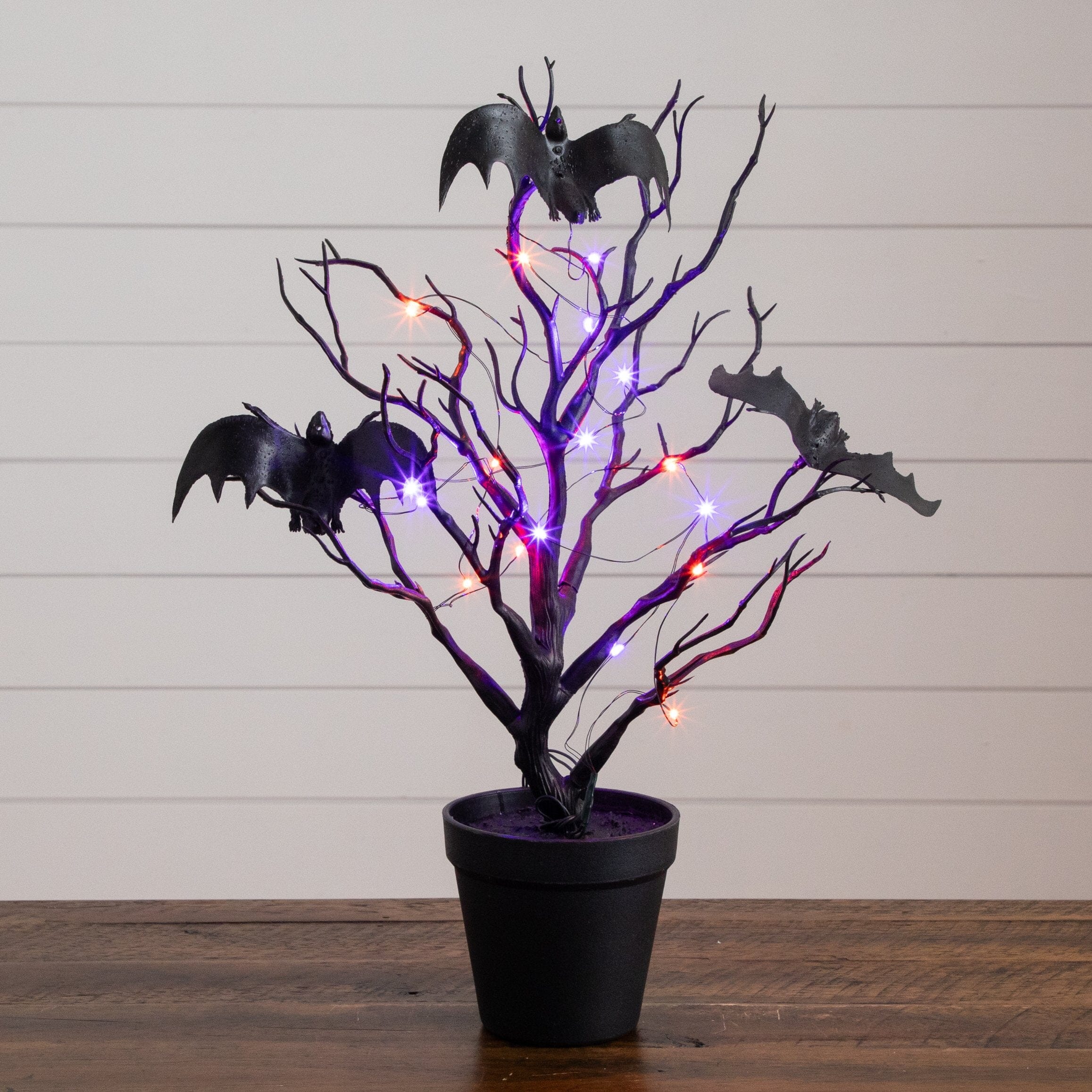 16” Pre-Lit Artificial Halloween Black Spooky Twig Tree with Bats and 20 Orange & Purple LED Lights