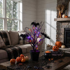16” Pre-Lit Artificial Halloween Black Spooky Twig Tree with Bats and 20 Orange & Purple LED Lights