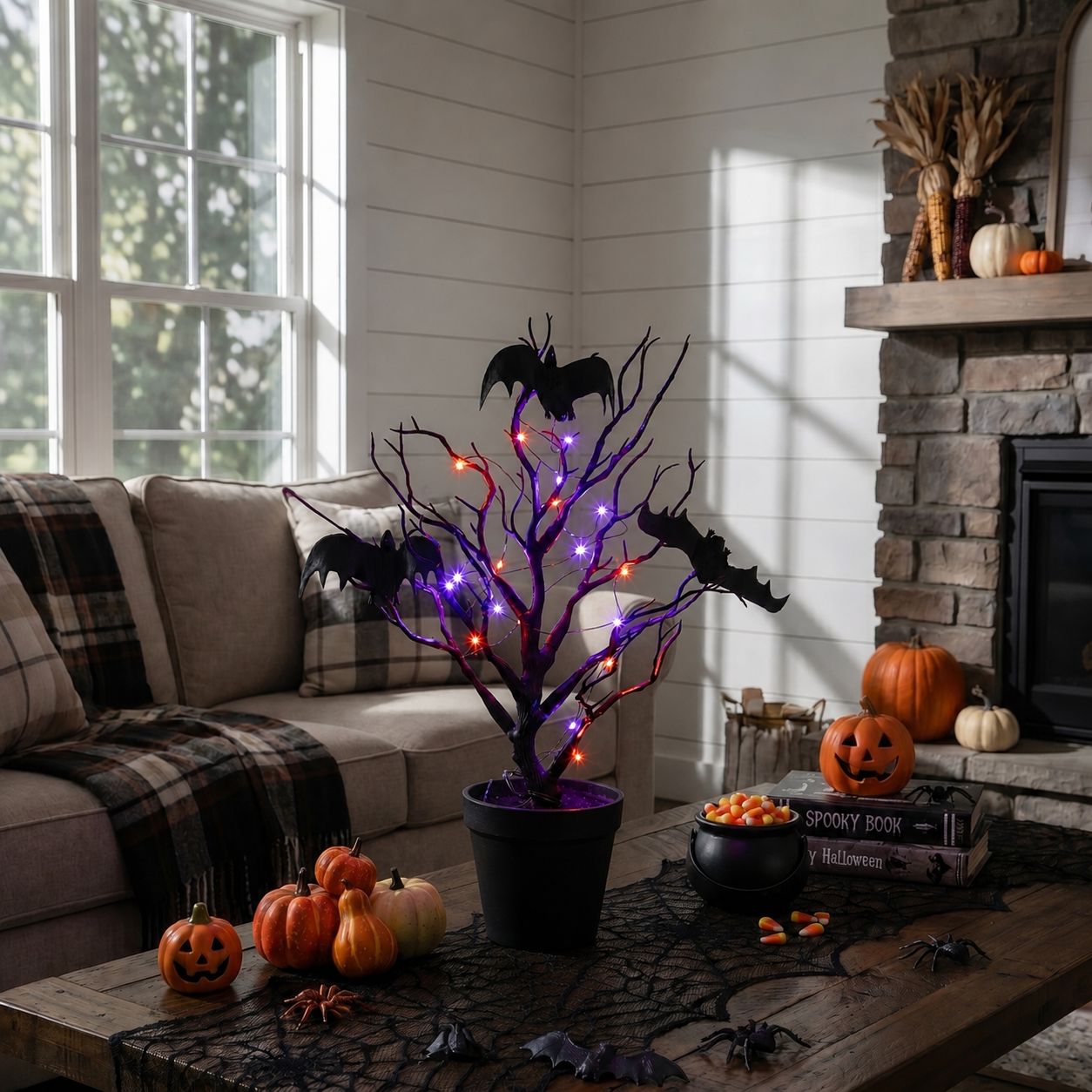 16” Pre-Lit Artificial Halloween Black Spooky Twig Tree with Bats and 20 Orange & Purple LED Lights