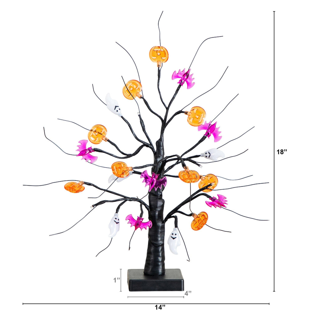 18" Pre-Lit Artificial Halloween Ghost, Bats & Pumpkins 24 LED Lighted Ornament Tree