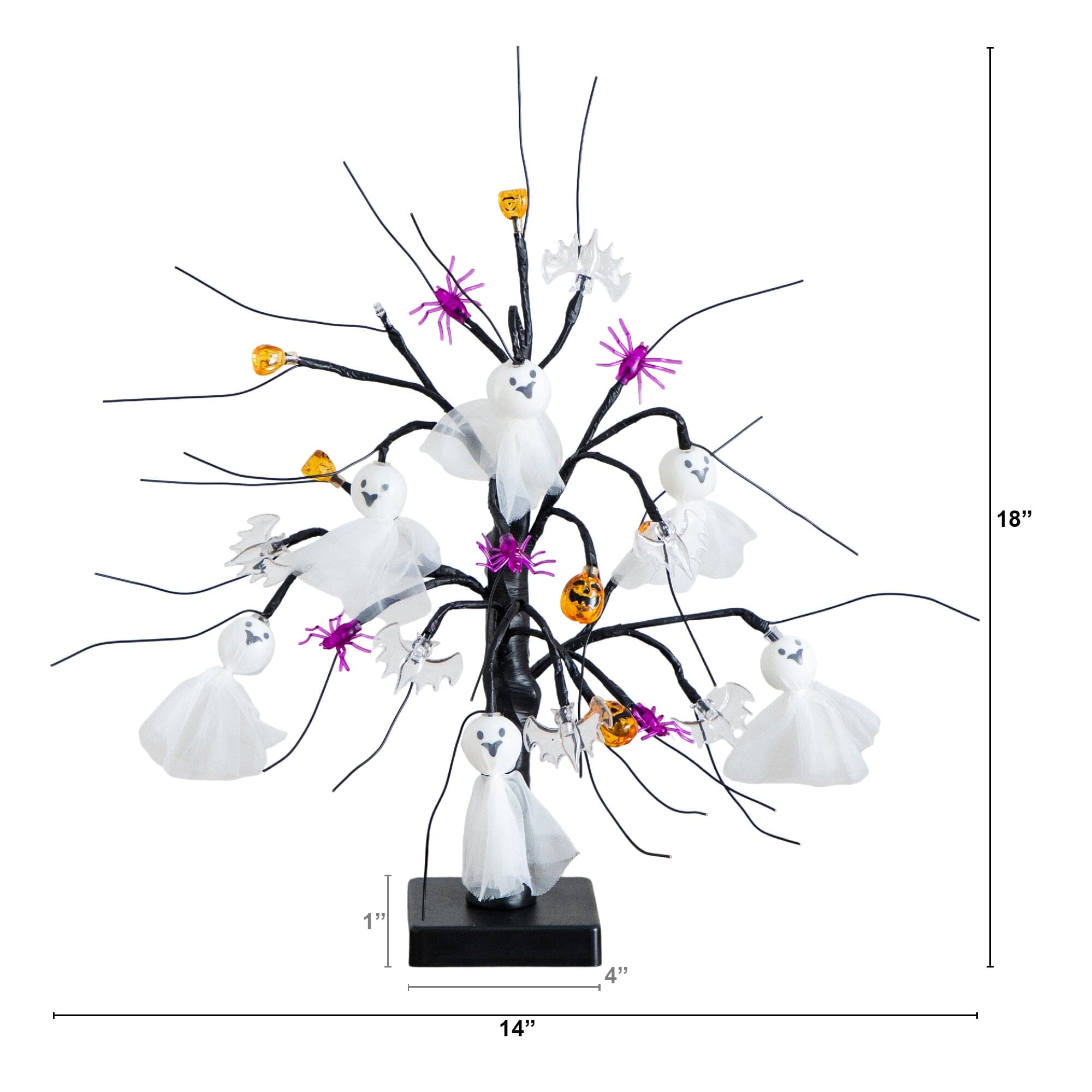 18" Pre-Lit Artificial Halloween Ghost Dolls, Spiders, Bats & Pumpkins 24 LED Lighted Ornament Tree